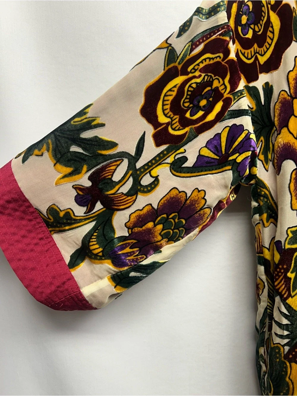 Silky & velvet Floral Kimono Robe in Berry Red